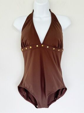 Merona brown gold stud v-neck tie halter neck one piece bathing suit size large